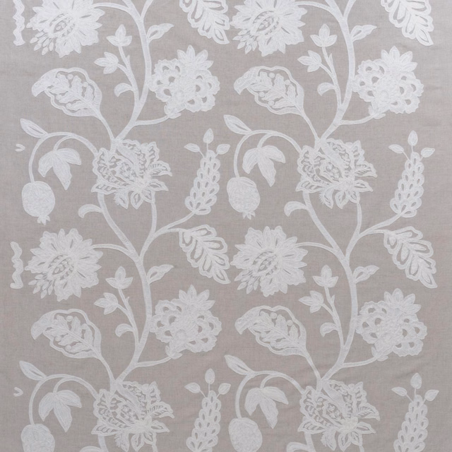 Ivory embroidered pomegranate florals on a warm taupe-grey woven ground