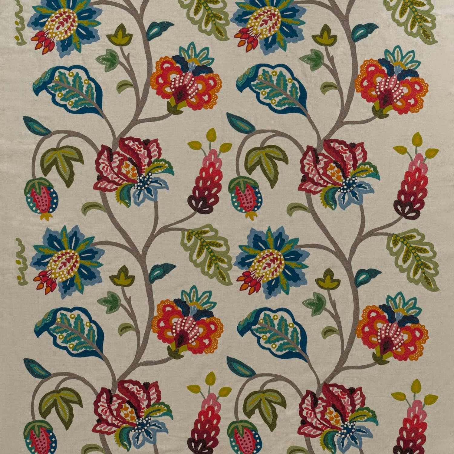 Pale greige embroidered botanical branches with pomegranate red, teal, mustard and olive flowers