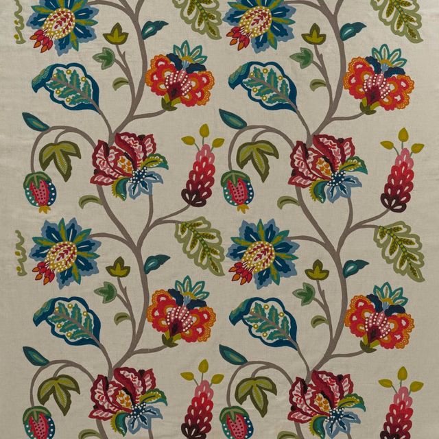 Pale greige embroidered botanical branches with pomegranate red, teal, mustard and olive flowers