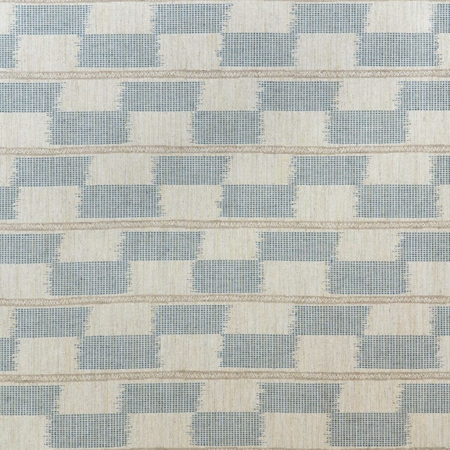Pale aqua and ivory stepped geometric weave with fine tactile grid texture