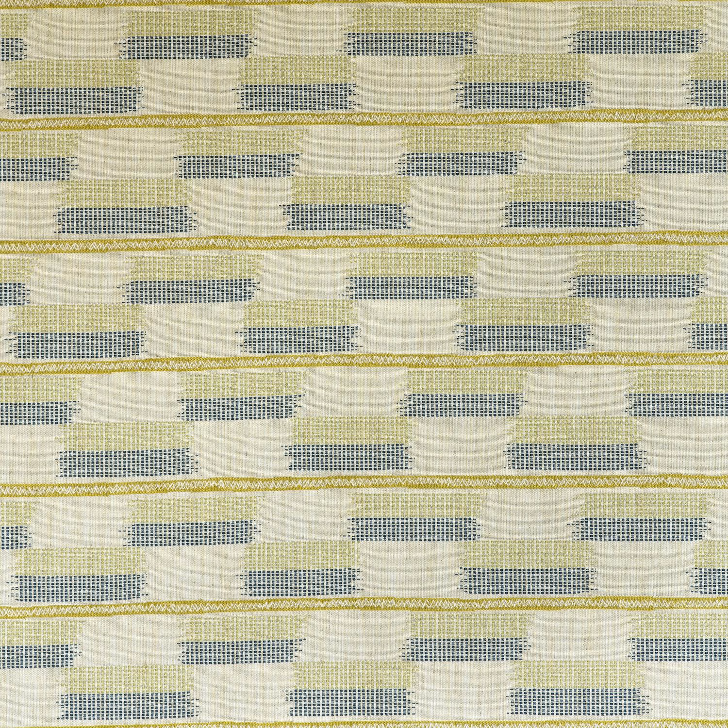 Pale lime and ivory woven fabric with blue-grey dotted rectangles and horizontal bands