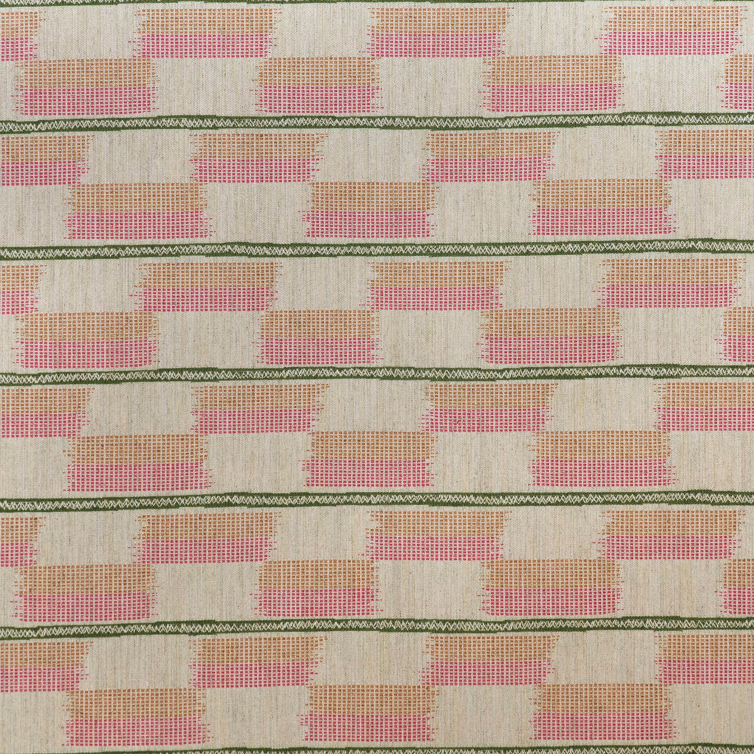 Cream woven textile with pink and peach stepped blocks, divided by olive-green lines