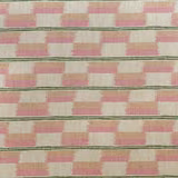 Cream woven textile with pink and peach stepped blocks, divided by olive-green lines