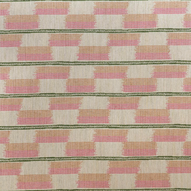 Cream woven textile with pink and peach stepped blocks, divided by olive-green lines