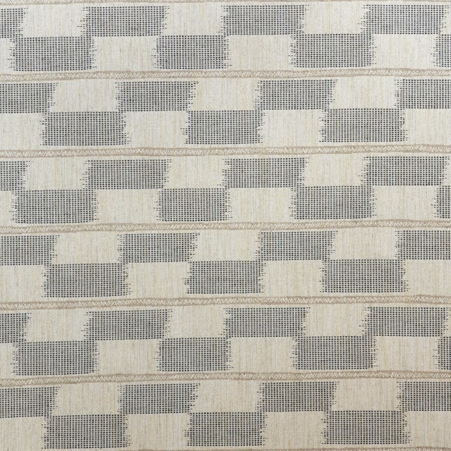 Warm sand woven fabric with grey stepped blocks and horizontal geometric bands