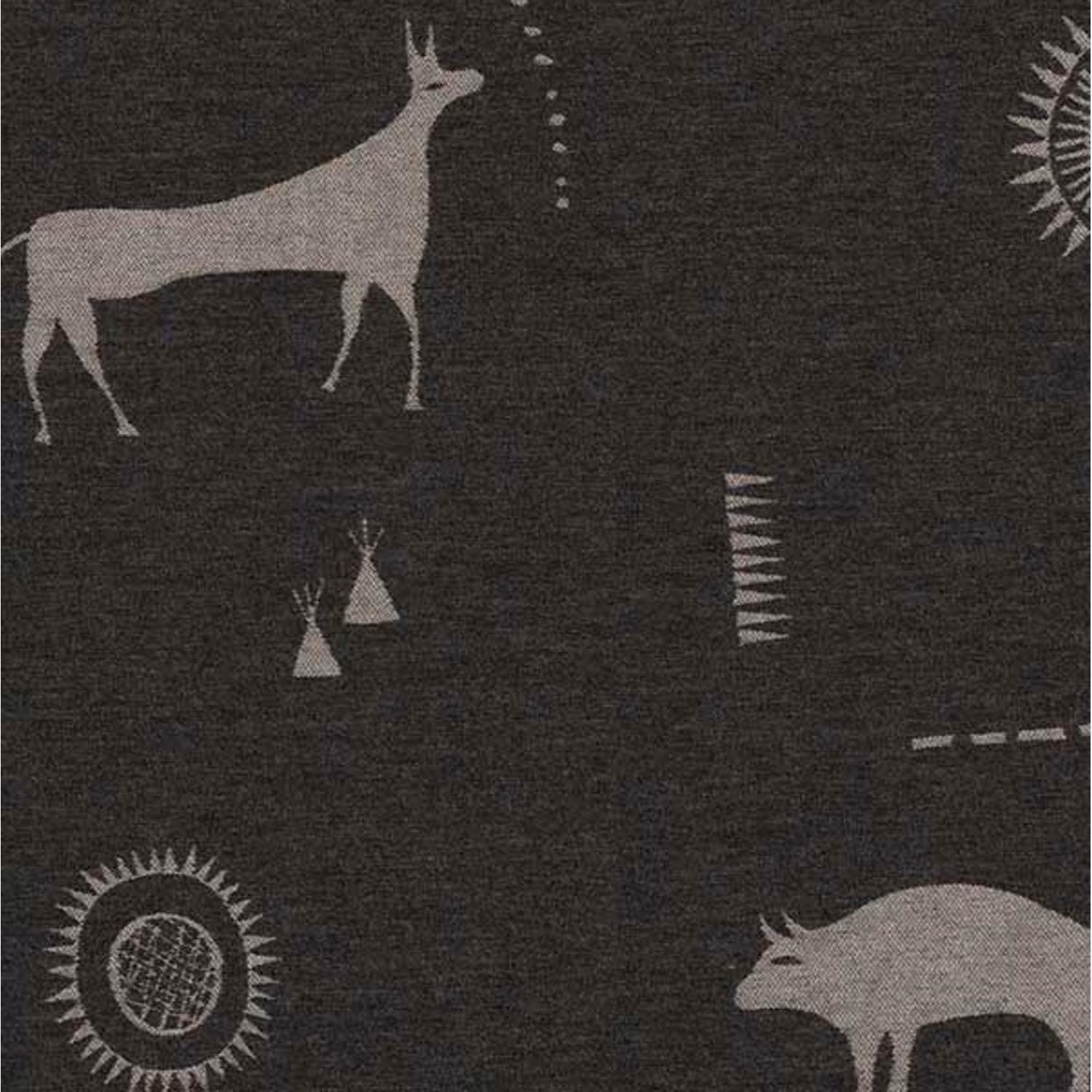 Charcoal woven fabric with pale deer, sun discs and geometric motifs
