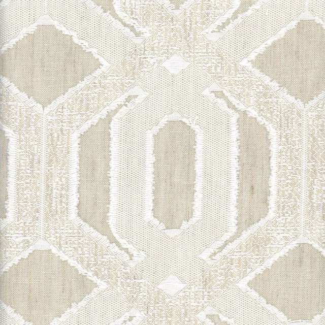 Warm natural beige woven swatch with oversized ivory geometric arches and diamonds