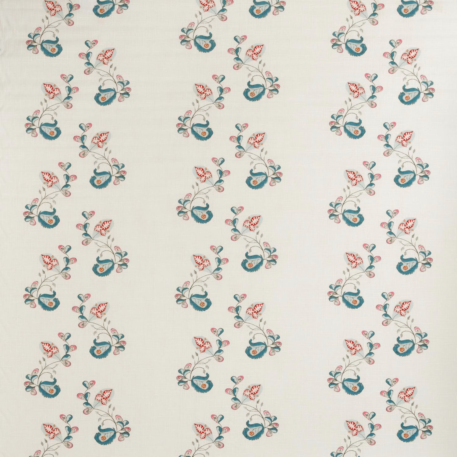 Ivory fabric with scattered teal, blue-green and coral botanical sprigs