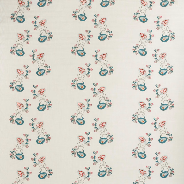 Ivory fabric with scattered teal, blue-green and coral botanical sprigs