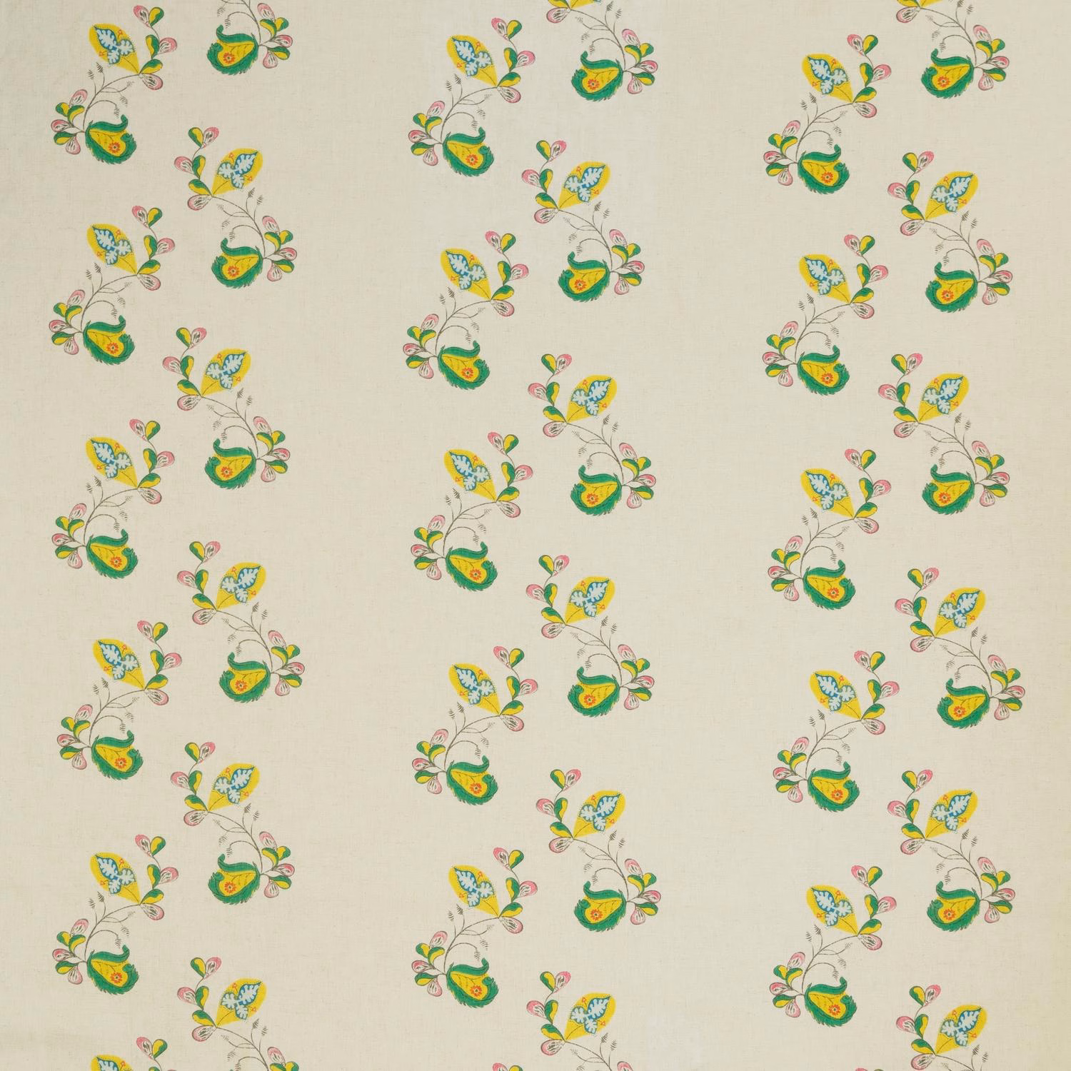 Pale yellow fabric with repeating green, blue and pink botanical sprigs