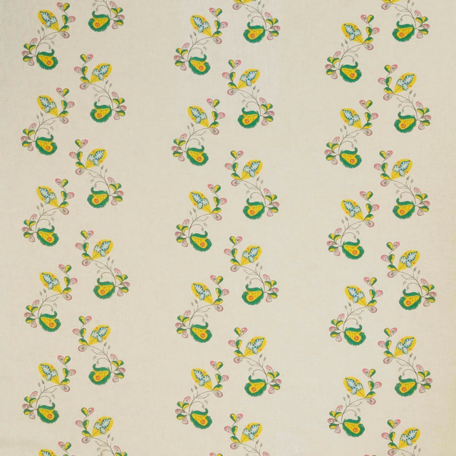 Pale yellow fabric with repeating green, blue and pink botanical sprigs