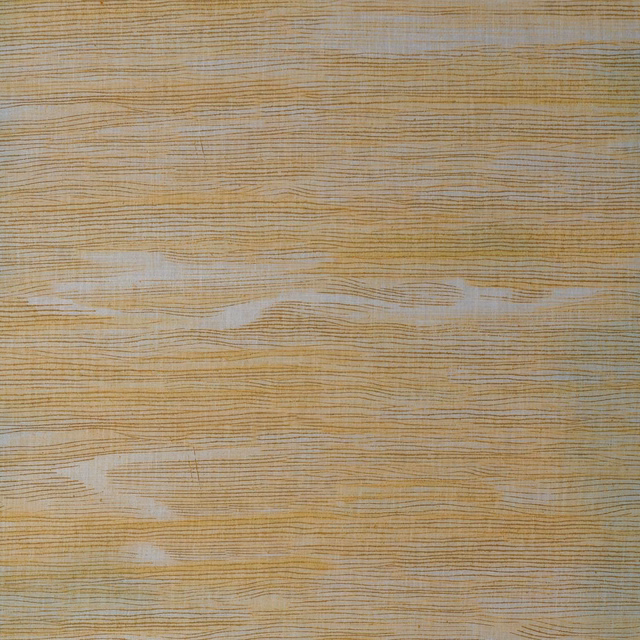 Muted harvest-yellow fabric with fine grey-beige lines and softly irregular horizontal bands
