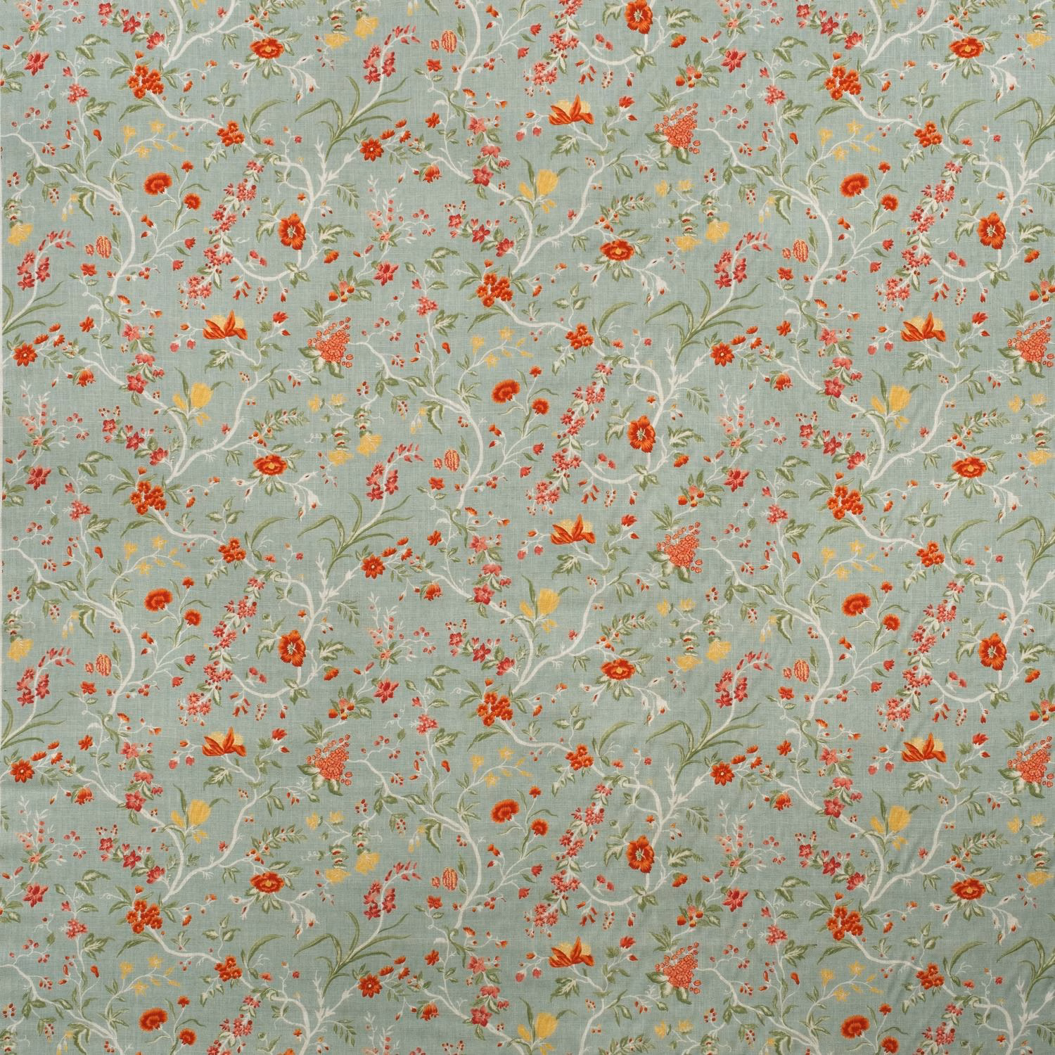Muted duck egg floral ground with coral blooms and curling cream stems