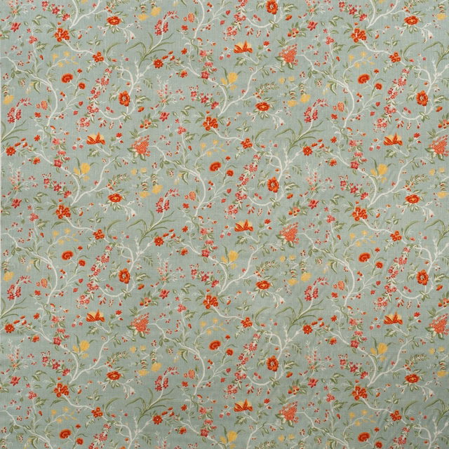 Muted duck egg floral ground with coral blooms and curling cream stems