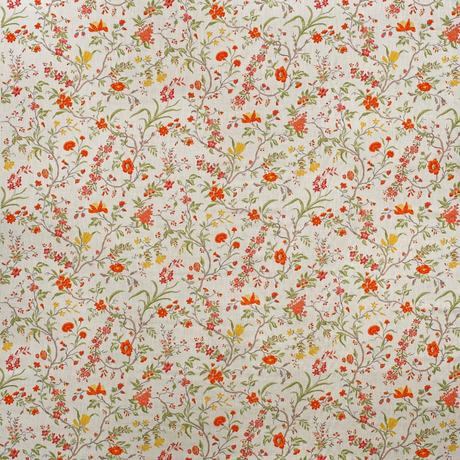 Ivory textile with red, coral, green and yellow trailing botanical flowers
