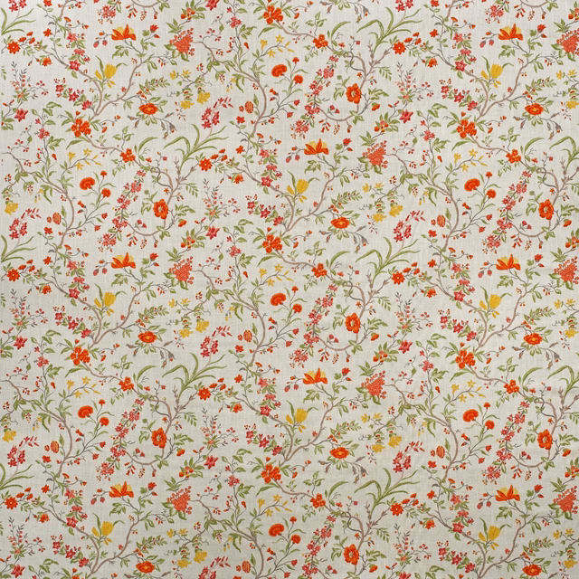 Ivory textile with red, coral, green and yellow trailing botanical flowers