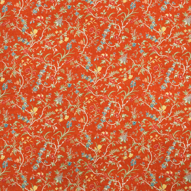 Pumpkin-red floral vines with pale blue, cream and green botanical sprigs