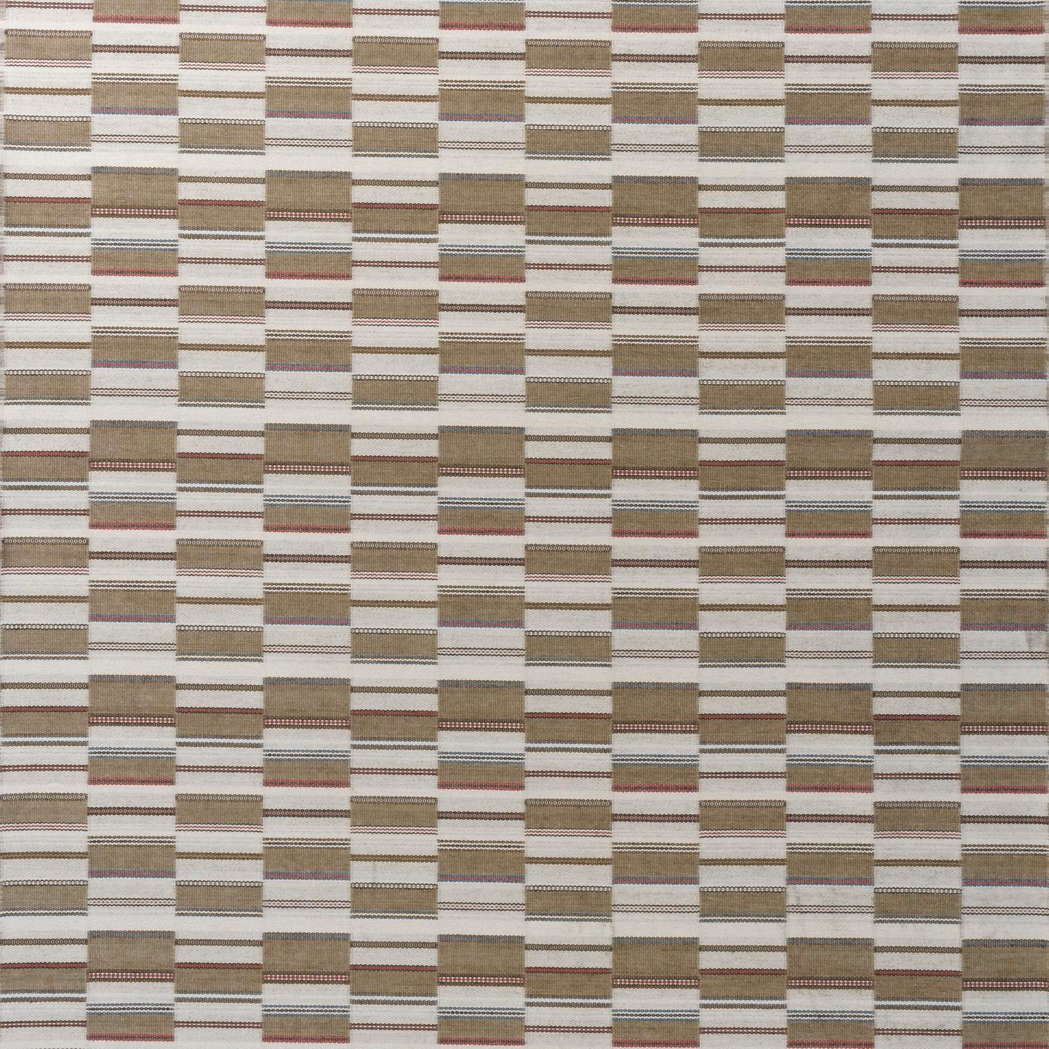 Sand woven textile with stepped horizontal blocks, taupe bands and muted burgundy accents