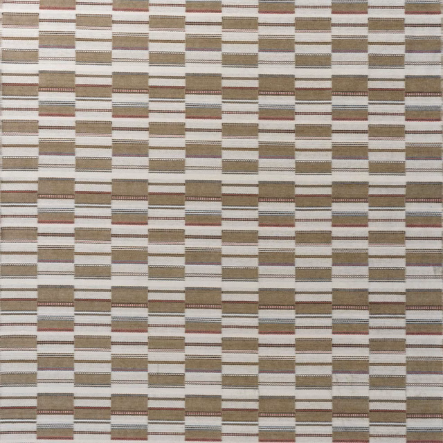Sand woven textile with stepped horizontal blocks, taupe bands and muted burgundy accents