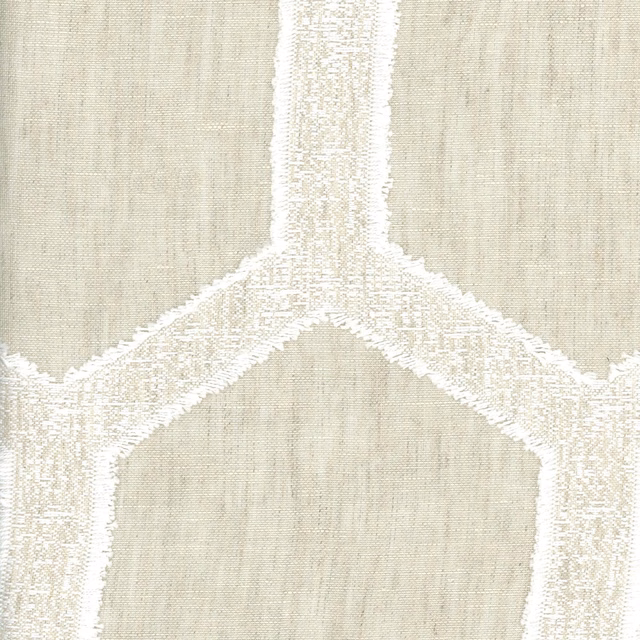 Pale beige woven fabric with a large ivory interlocking knot motif