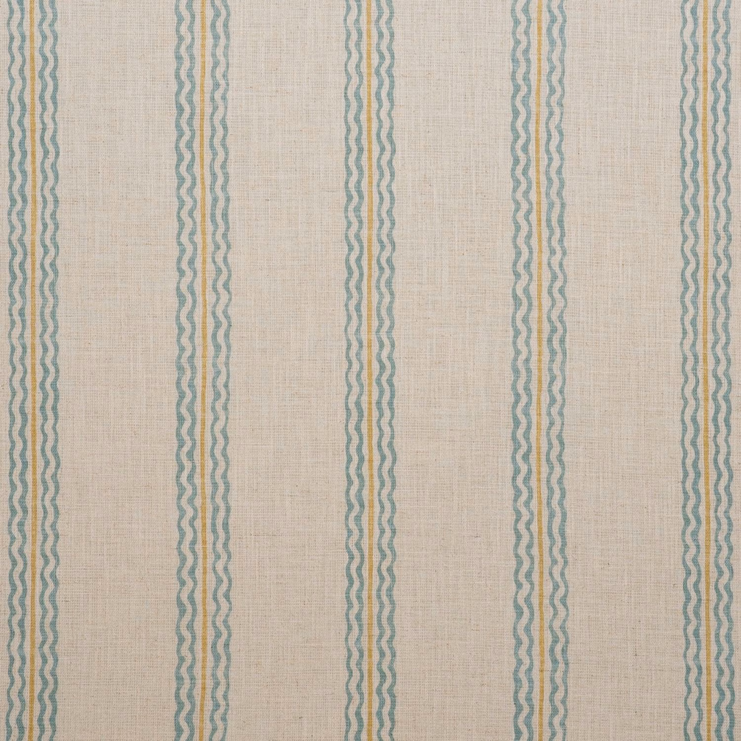 Pale oatmeal woven fabric with narrow muted aqua wavy vertical stripes