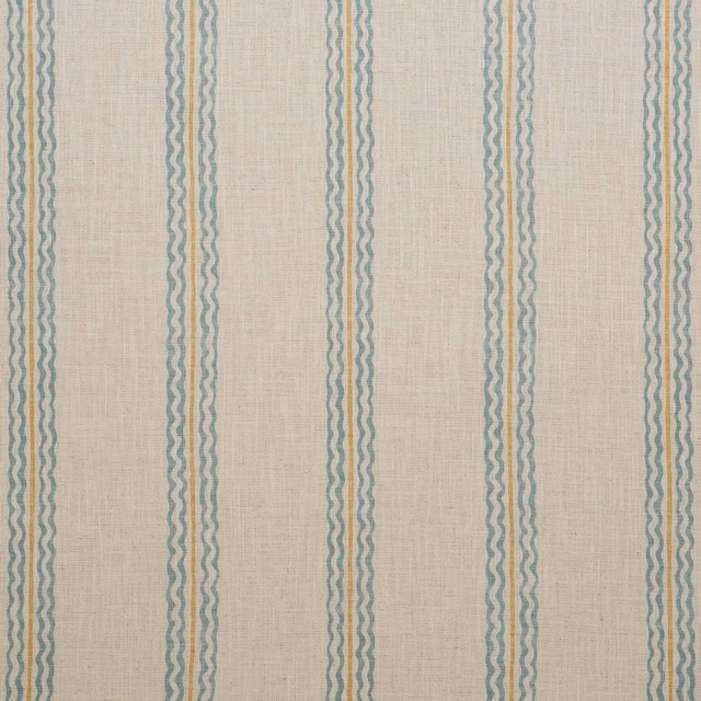 Pale oatmeal woven fabric with narrow muted aqua wavy vertical stripes
