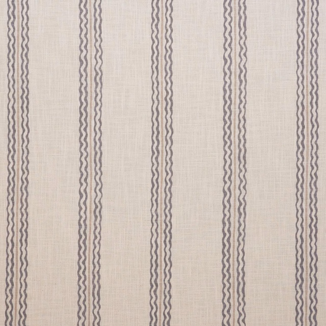 Pale stone woven fabric with muted rhubarb-grey irregular vertical wave stripes