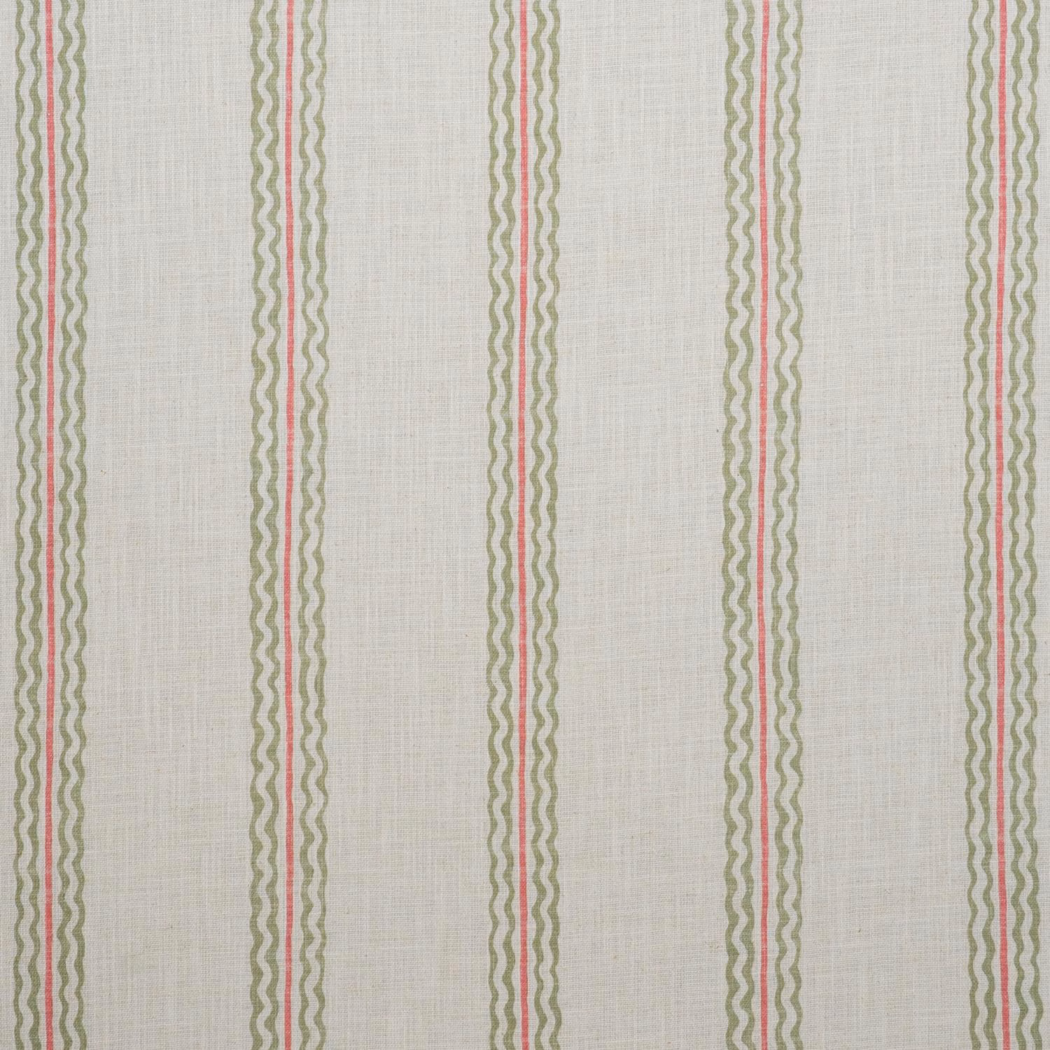 Cream woven fabric with olive and muted rhubarb vertical wavy stripes