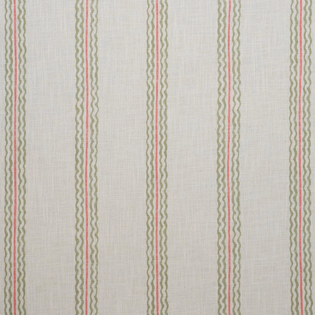 Cream woven fabric with olive and muted rhubarb vertical wavy stripes