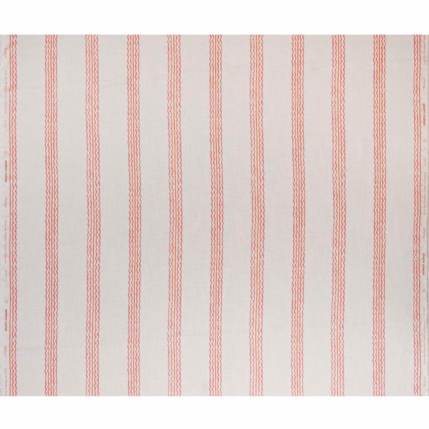 Pale blush fabric with fine, wavy geranium-pink vertical stripes