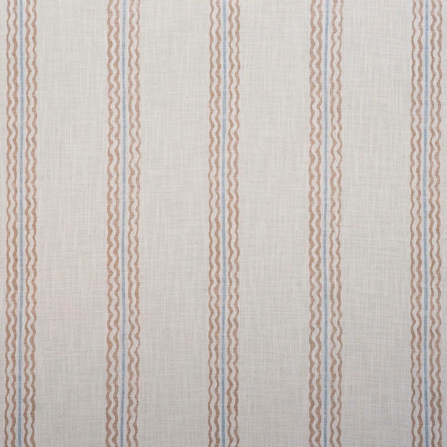 Pale stone fabric with fine wavy rhubarb and sky-blue vertical stripes