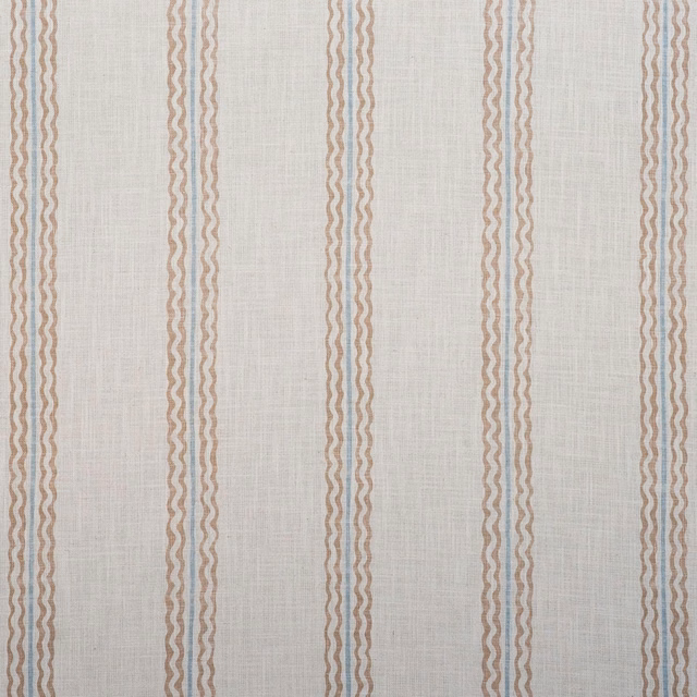 Pale stone fabric with fine wavy rhubarb and sky-blue vertical stripes