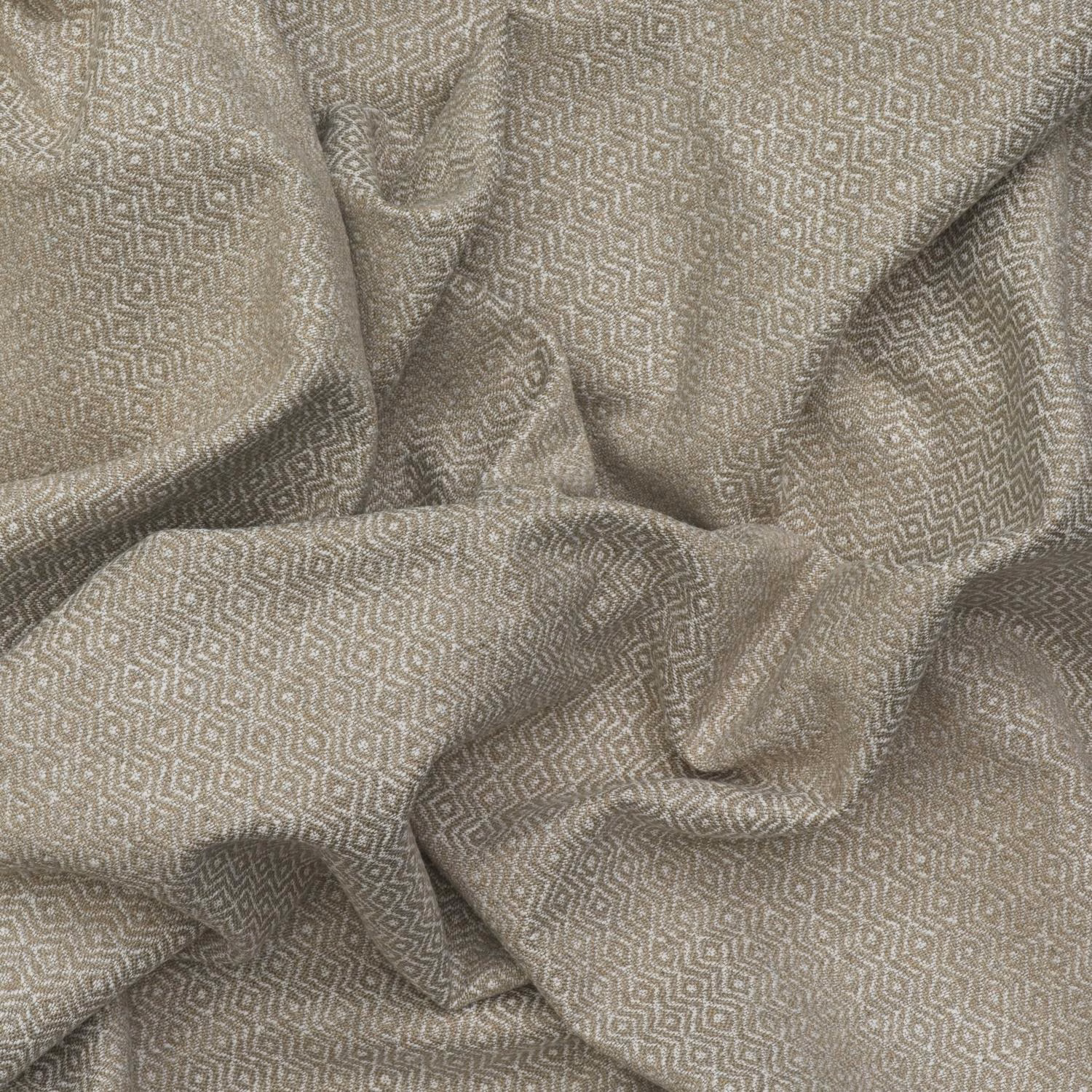 Taupe-grey woven ikat with tiny cream geometric loops and a softly crumpled texture