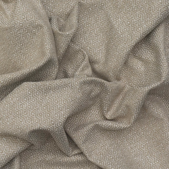 Taupe-grey woven ikat with tiny cream geometric loops and a softly crumpled texture