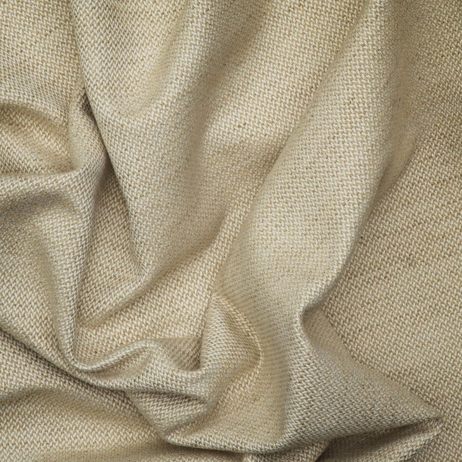 Warm rope-beige fabric with a fine herringbone weave gathered into soft folds