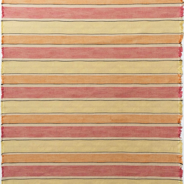 Dusty rose, pale lime and peach horizontal stripes on a textured woven ground
