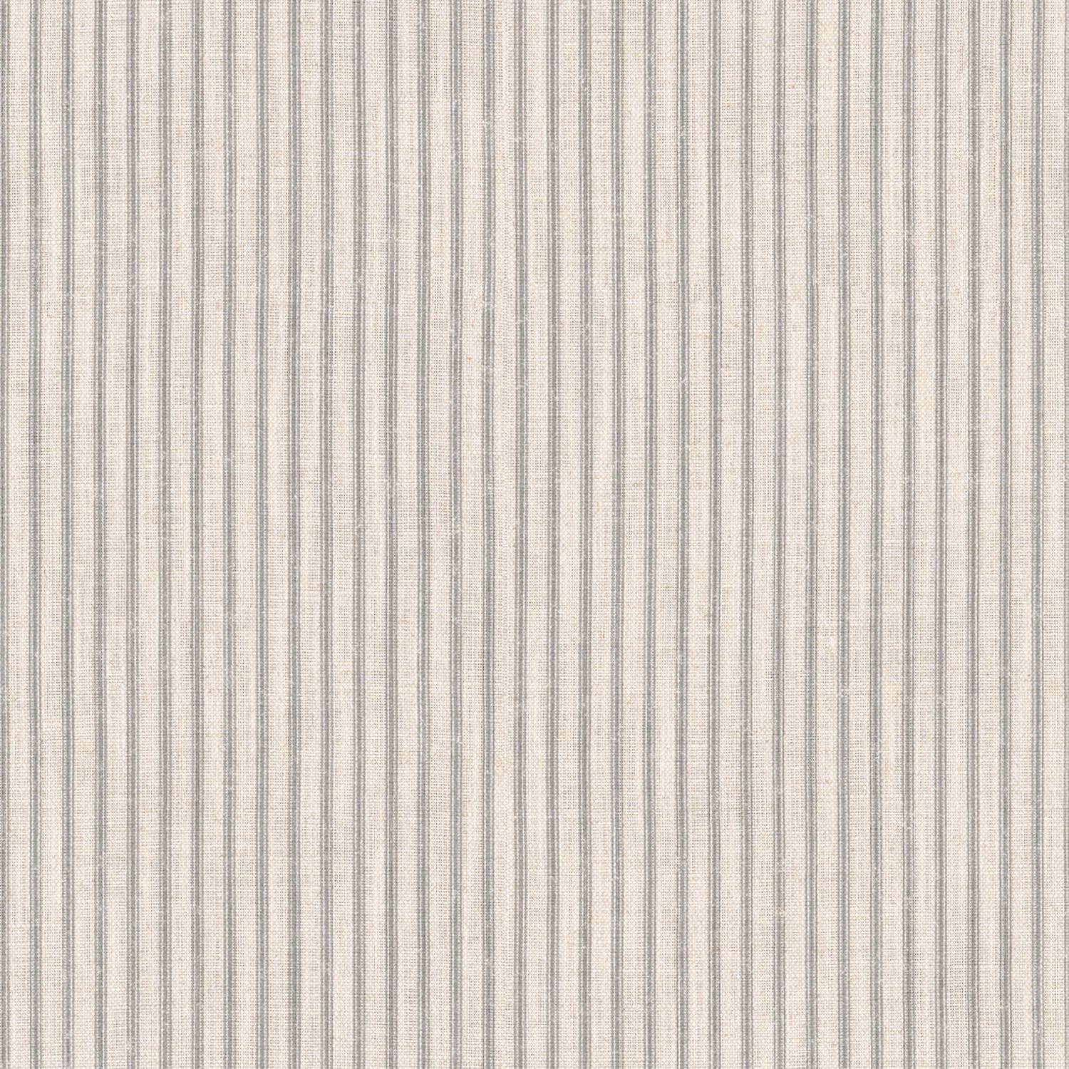 Pale greige fabric with fine, closely spaced vertical grey stripes and subtle weave