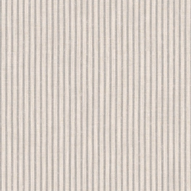 Pale greige fabric with fine, closely spaced vertical grey stripes and subtle weave