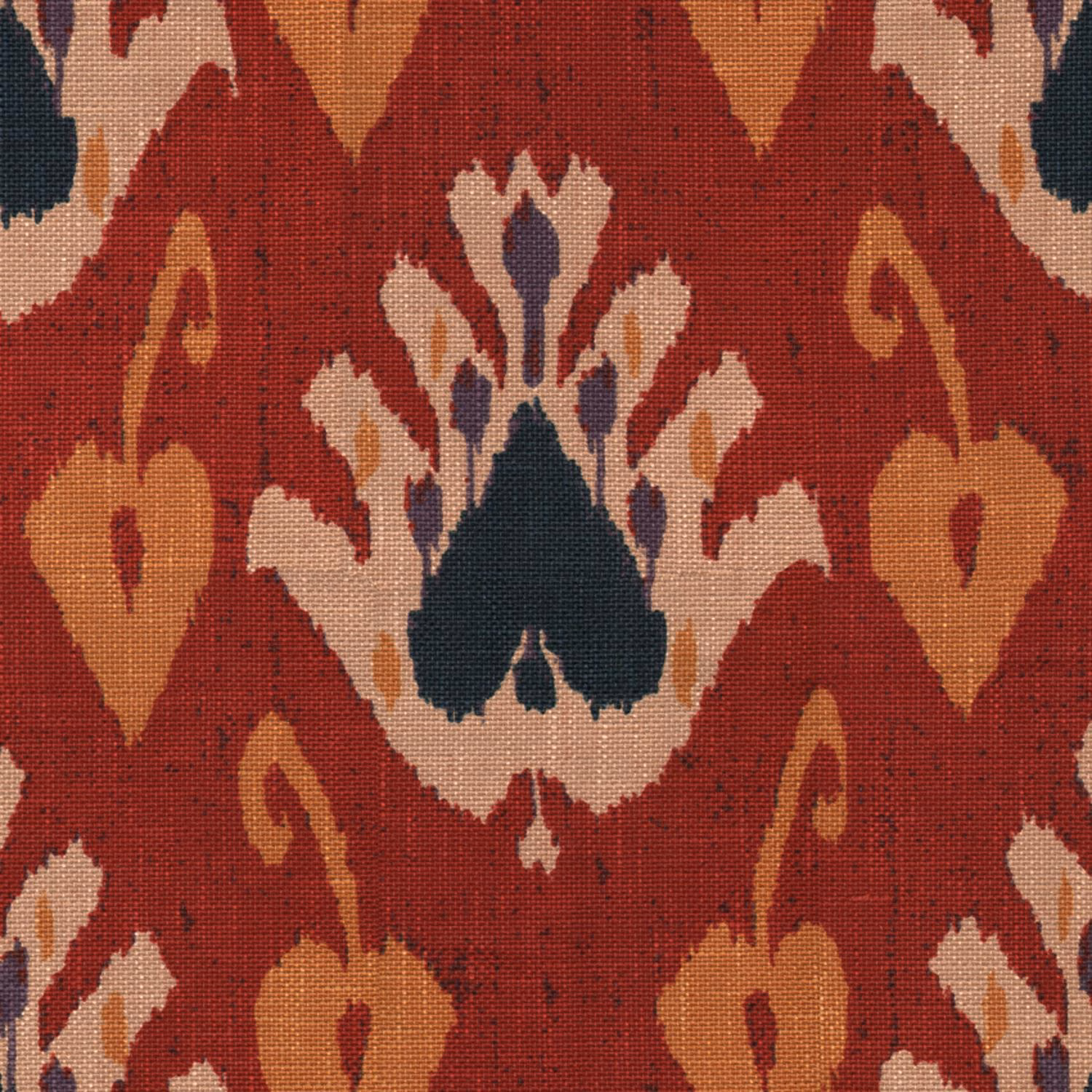 Deep red woven textile with cream, ochre and blue-black stylised floral motifs