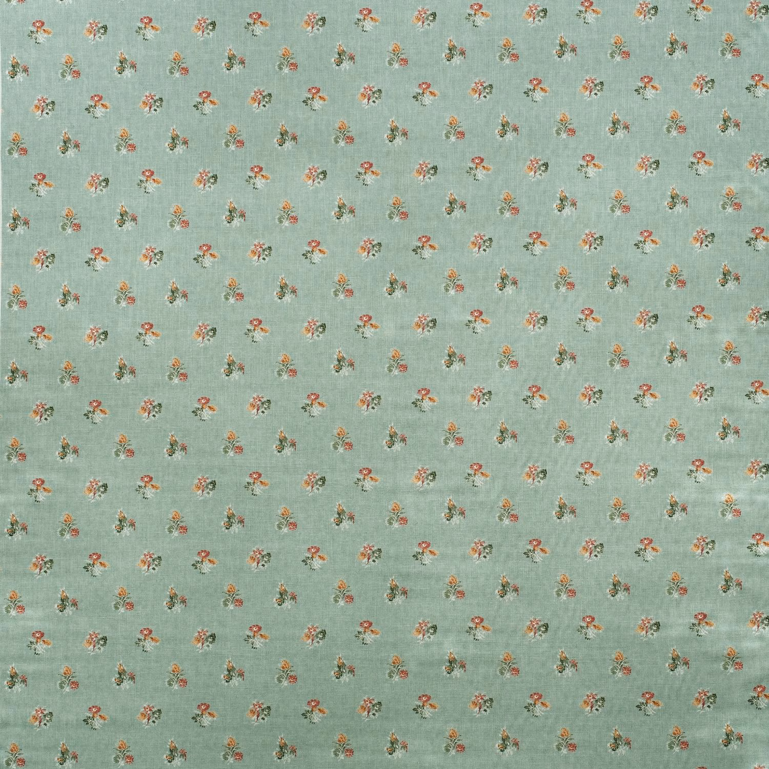 Pale duck egg textile with scattered coral, cream and olive floral sprigs