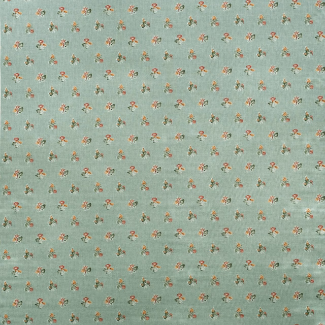 Pale duck egg textile with scattered coral, cream and olive floral sprigs