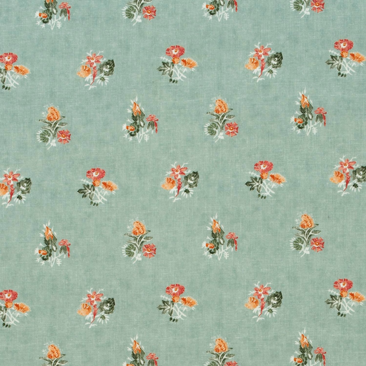 Pale duck-egg woven fabric with scattered coral, orange and olive floral bouquets