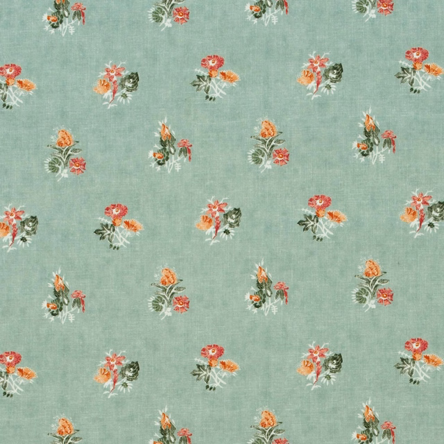 Pale duck-egg woven fabric with scattered coral, orange and olive floral bouquets