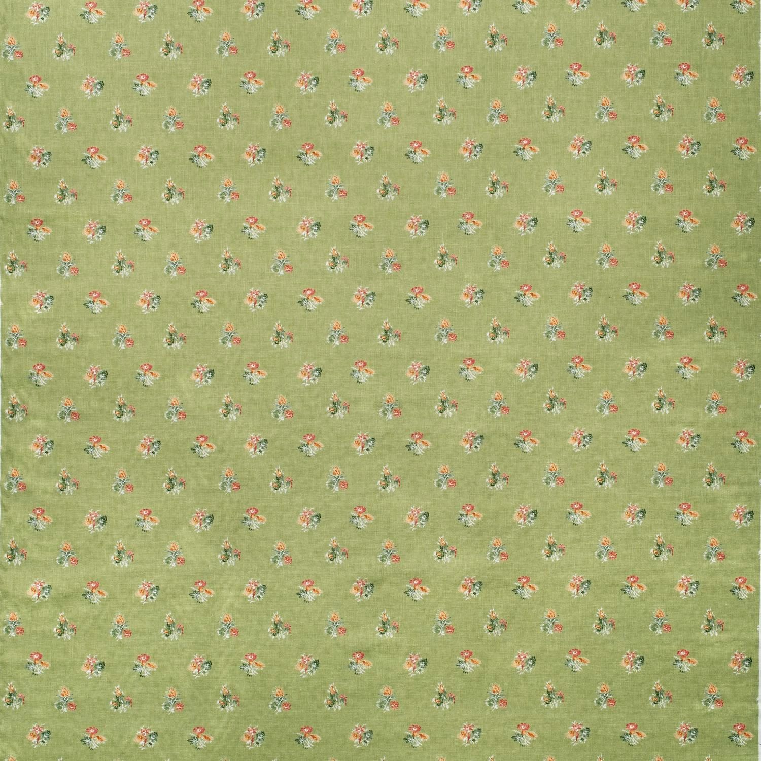 Leaf-green ground with tiny scattered coral, cream and blue floral sprigs