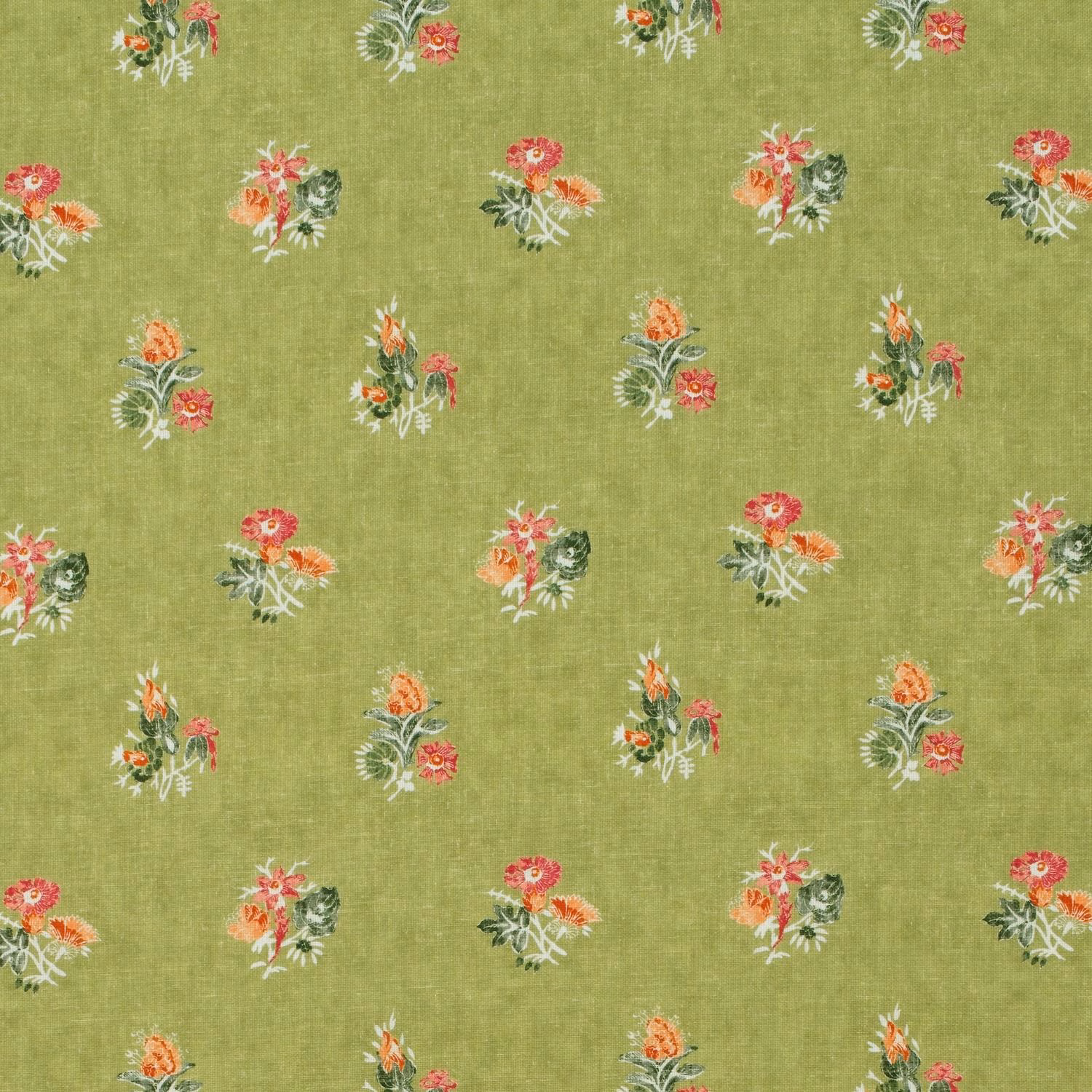 Olive-green woven fabric with scattered red, coral and cream floral bouquets