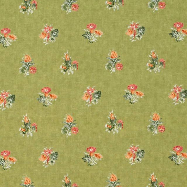 Olive-green woven fabric with scattered red, coral and cream floral bouquets