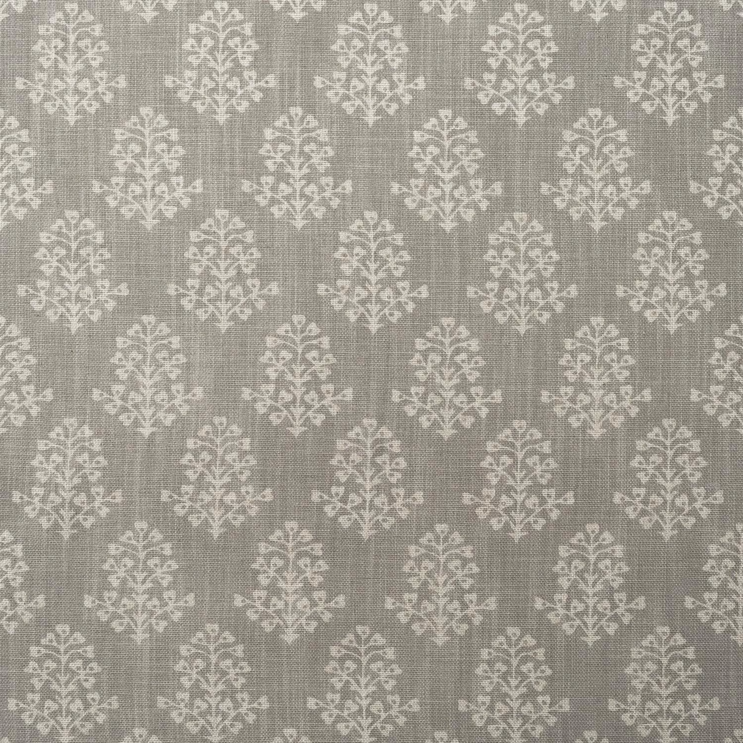 Warm grey-taupe woven fabric with repeating ivory damask sprigs
