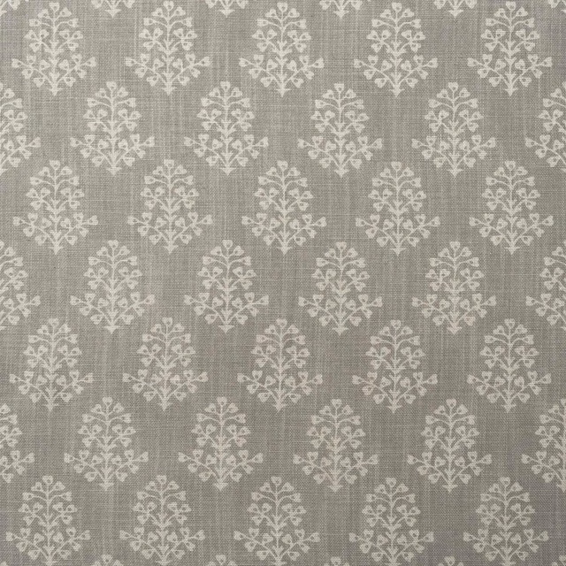 Warm grey-taupe woven fabric with repeating ivory damask sprigs