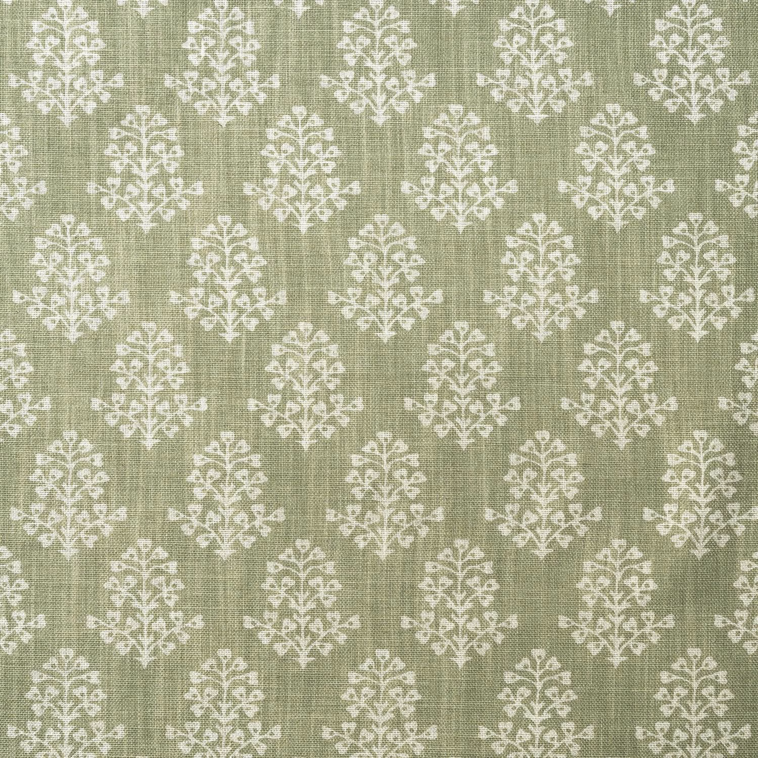 Muted fennel-green fabric with repeating cream botanical sprigs and crosshatched texture