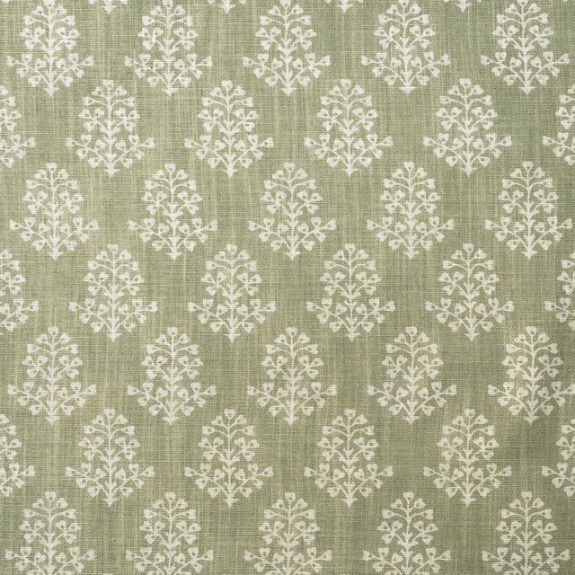 Muted fennel-green fabric with repeating cream botanical sprigs and crosshatched texture